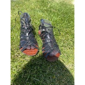 Black Leather Lace Up Sandals